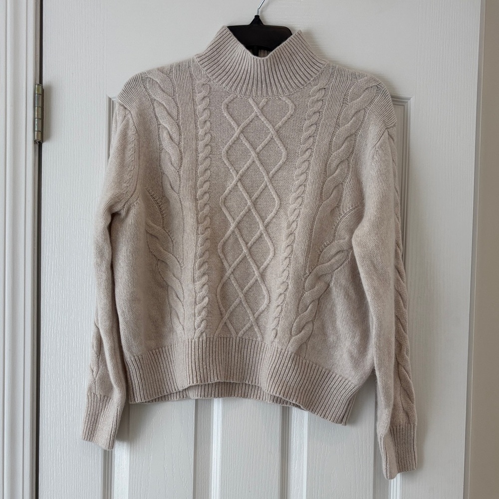 Aqua Cashmere Cable Knit Mock Neck Sweater - Cream Luxurious